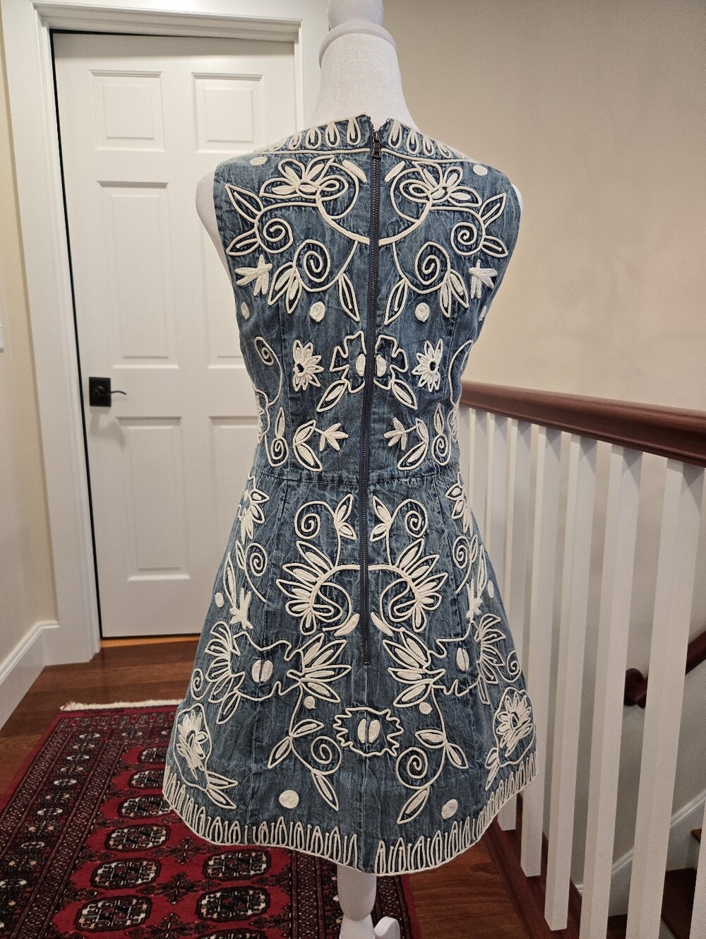 Alice + Olivia Denim Mini Dress with White Floral Embroidery - Picture 3 of 3